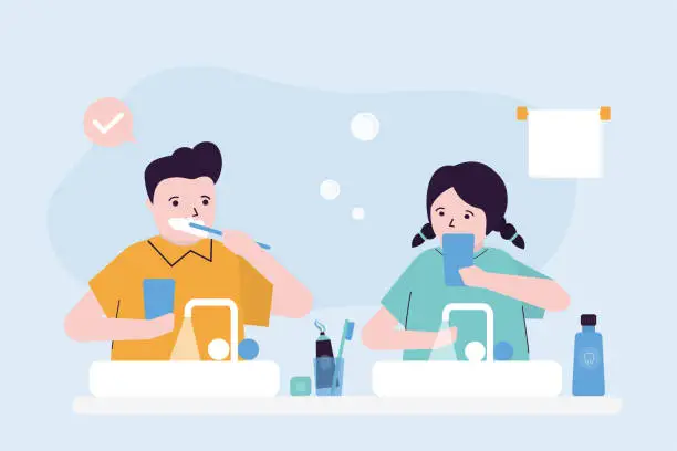 Vector illustration of Children morning routine, oral and health care. Kids brushing teeth, Caucasian boy and girl characters with toothbrush and paste, dental hygiene procedure. Bathroom interior.