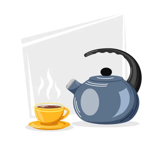 Vector illustration of Vector illustration of a blue teapot with a yellow cup of hot drink.