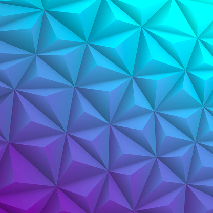 Modern and trendy abstract geometric background in a low poly style. Beautiful polygonal mosaic with a color gradient. This illustration can be used for your design, with space for your text (colors used: Turquoise, Blue, Purple, Pink). Vector Illustration (EPS10, well layered and grouped), format (1:1). Easy to edit, manipulate, resize or colorize.
