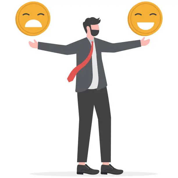 Vector illustration of searching for positive emotion, comedy and tragedy with happy and sad emotion mask