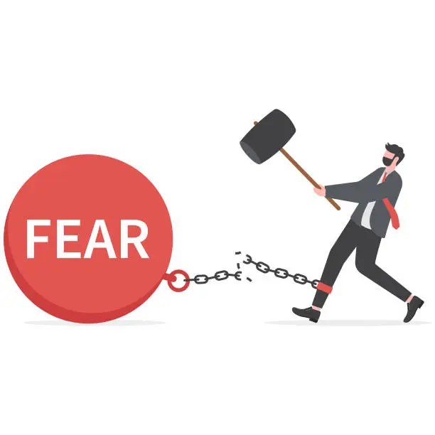 Vector illustration of Businessman Fighting with Fear, Person Smashed chained fear ball, Face everything and Rise concept