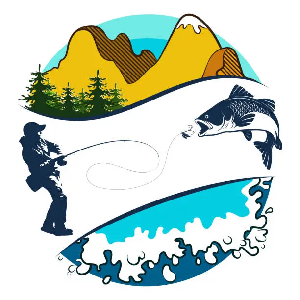 Vector illustration of A fisherman with a fishing rod catches fish against the backdrop of mountains and water