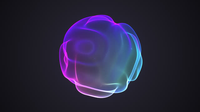 Bright, colorful 3D sphere with wavy pixelated surface on black background. Abstract concept of sound waves, digital sound, or ethereal waves.