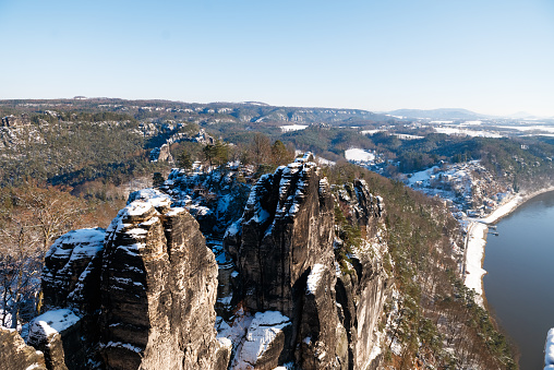 Famous Bastei in saxony covered with snow. Saxon Switzerland