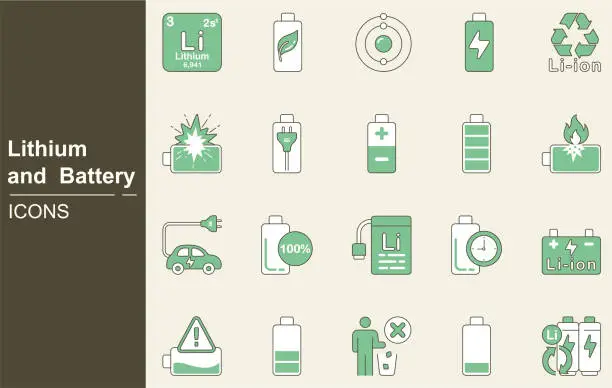 Vector illustration of lithium battery icon set.UN3481, battery charge, Electricity, Energy, Power, Battery, Lithium periodic table, Accumulator recharge, battery percentage, Phone charge, Electric car, Eco, battery Caution