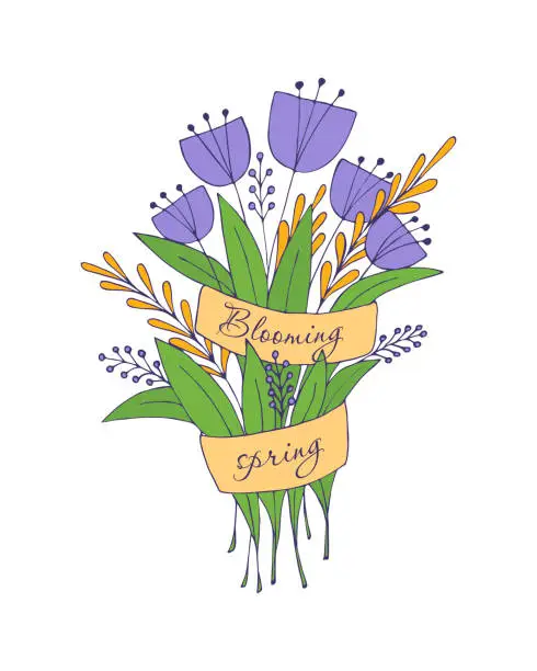 Vector illustration of Blooming spring bouquet, hand drawn doodles with lettering