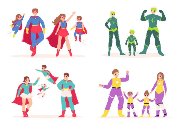 Vector illustration of Cartoon superhero parents and children. Families superheroes in masks and mantles. People wear costumes, snugly funny vector characters
