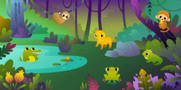 Vector illustration of Cartoon jungle landscape with cute animals. Bright vector rainforest background for kids with flora and fauna.