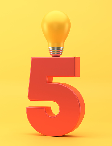 Number 5 and light bulb on yellow background. Idea Concept.