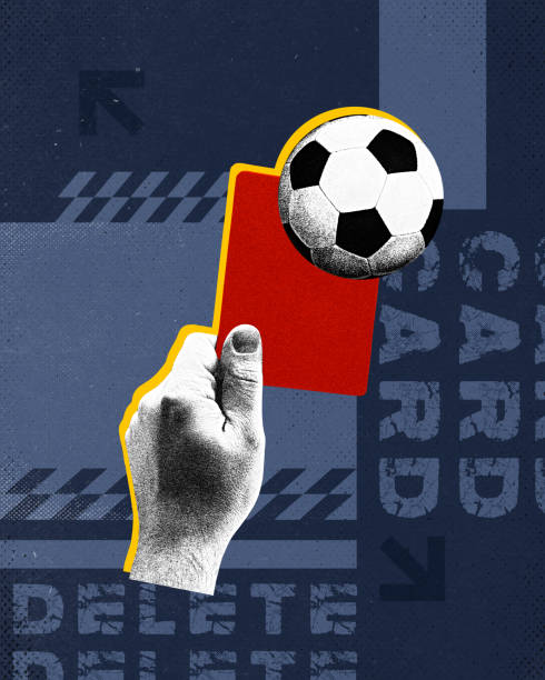 Referee hand holding red card. Soccer ball on blue background. Game rules. Modern design.