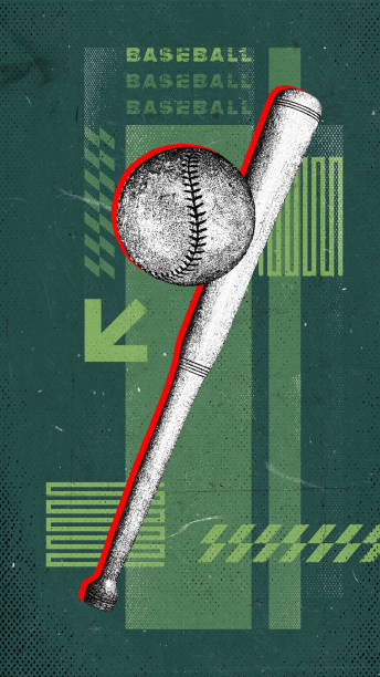 Baseball bat ad ball against green background with abstract design elements. Modern design.