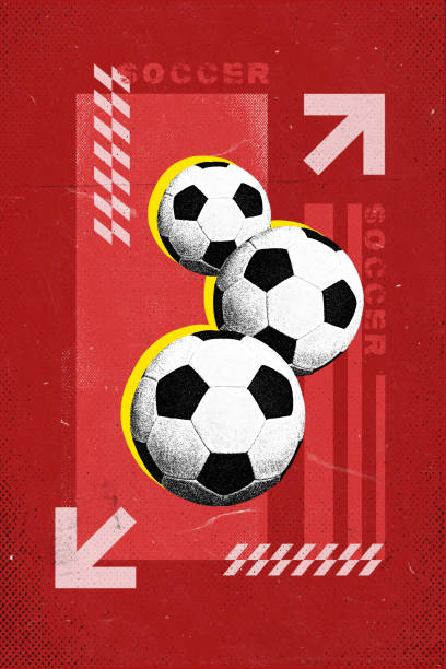 istock Three soccer balls against red background with abstract design elements. Modern design. 1959522452