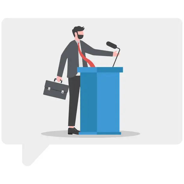 Vector illustration of businessman giving powerful speech to his team