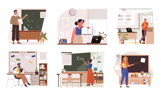 stockillustraties, clipart, cartoons en iconen met set of school teachers standing by blackboards or chalkboards in the classroom. teacher explaining information. lecturers teach in the classroom. professors at blackboards vector isolated illustration - universitair docent