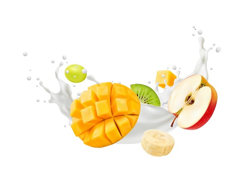 Realistic yogurt drink splash, milk swirl and wave with tropical fruits. Diced mango, kiwi, apple, banana and grapes. Isolated 3d vector white creamy swirl, milky shake, yoghurt with fresh slices