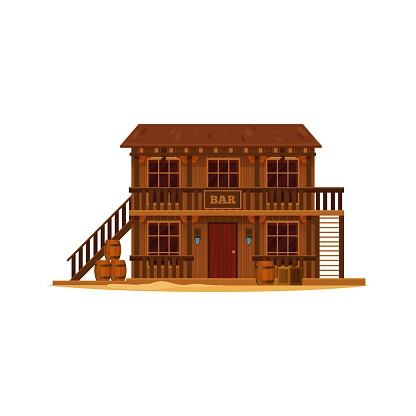 Western Wild West town bar cartoon building. Vector Texas cowboy saloon or pub with brown wood facade and barrels. Wild West country street old two storey building with wooden porch, stairs and door