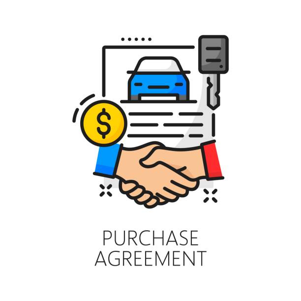 Car purchase agreement line icon, auto dealership Car purchase agreement line icon for auto dealership and automobile store salon, vector symbol. Car buy deal and purchase agreement color line pictogram for automotive trade center and client service car dealer icon stock illustrations