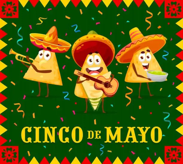Vector illustration of Cartoon nachos chips characters, cinco de mayo