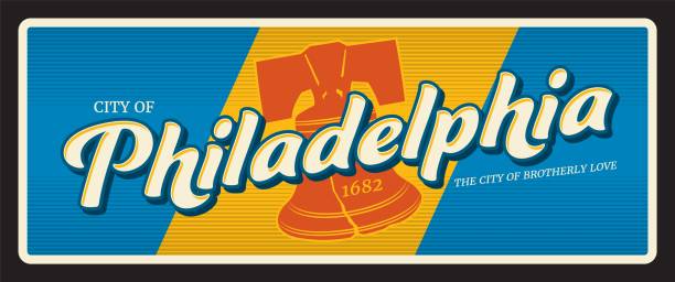 Philadelphia city, metal plaque travel plate, tourist destination sticker. United States of America city retro postcard, tin sign or USA voyage vector banner with liberty Bell