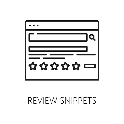 Review snippets. SERP icon. Search engine result page and website optimization, vector thin line browser web page with review and rating stars, digital advertising, SEO and SERP outline symbol