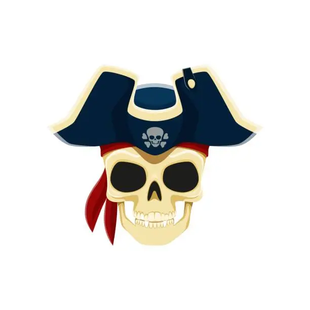 Vector illustration of Pirate captain skull in cocked hat, cartoon rover