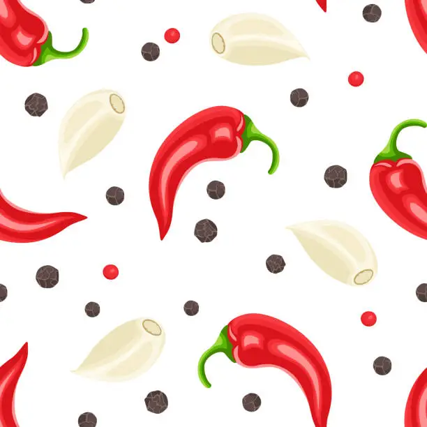 Vector illustration of Background  with dry peppercorns, garlic cloves and hot red chili peppers. Food seamless pattern. Vector cartoon flat illustration of spicy spices.