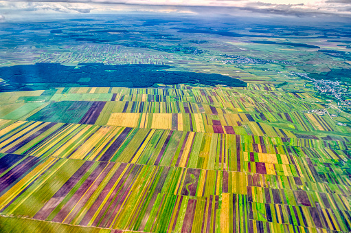 aerial view agriculture fields in the Midwest in united states of america , various crops