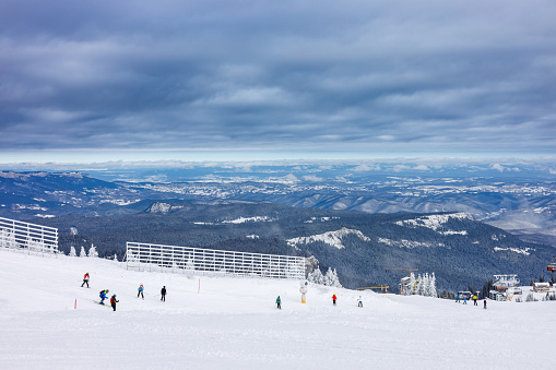 Stuhleck Semmering skiing region panorama during winter. Famous tourism resort in the Lower Austria and Styria region.