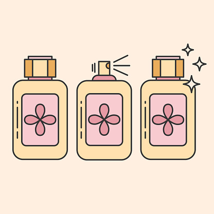 Set of perfume thin line icons.Eau de toilette. Perfume spray container isolated on beige background.Editable Stroke. Vector illustration EPS 10.