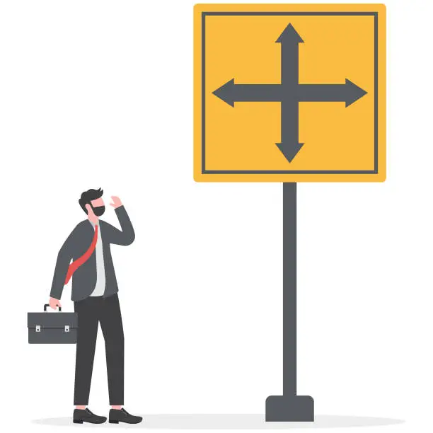 Vector illustration of Decision to choose pathway, alternative or choice, deciding career path, determination or thinking to find solution concept, contemplation businessman thinking which way to go on folk road sign.