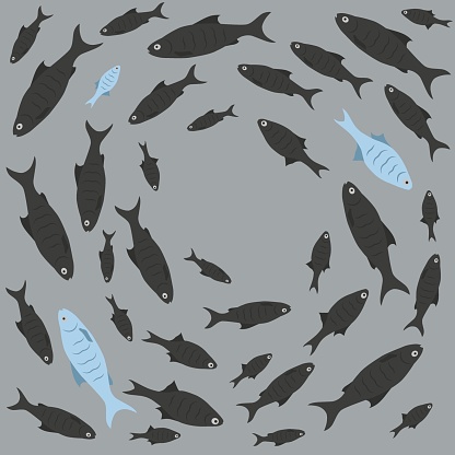 Concept of courage, confidence, success, crowd and creativity. One unique fish swims opposite from identical black ones. EPS 10.