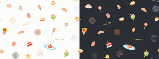 bezszwowy wzór ze słodyczami i deserami. lody, ciasto, babeczka, croissant, pączek - seamless croissant pattern ice stock illustrations
