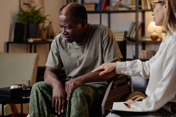 istock Traumatized African American Soldier with PTSD at Private Therapy Session 1959605027