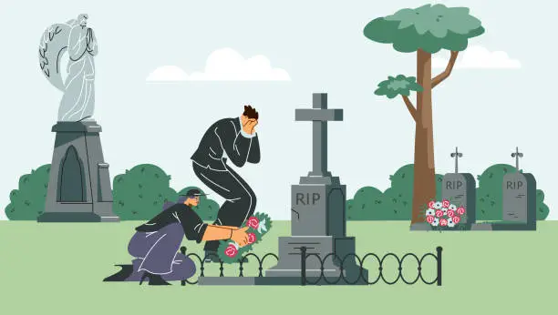Vector illustration of People visiting cemetery and laying flowers wreath on grave vector banner