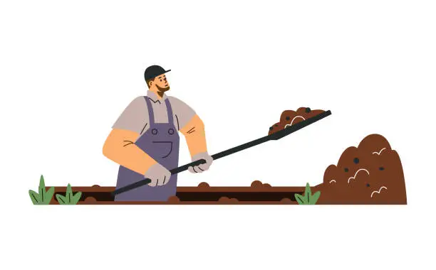 Vector illustration of Cemetery worker dig grave with shovel. Man dripping pit in ground vector illustration