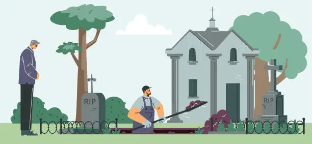 Vector illustration of A worker digs with shovel hole for grave on cemetery, burial service agency, funeral ceremony vector gravestone burial