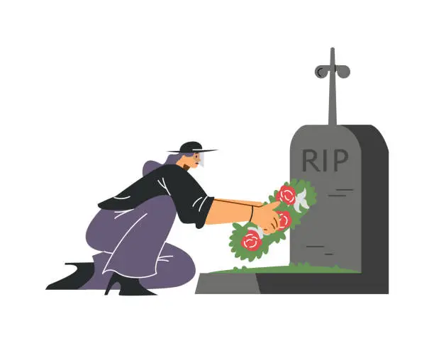 Vector illustration of Woman puts a funeral wreath of flowers on the gravestone burial, vector person in sadness mourns the dead, funerary