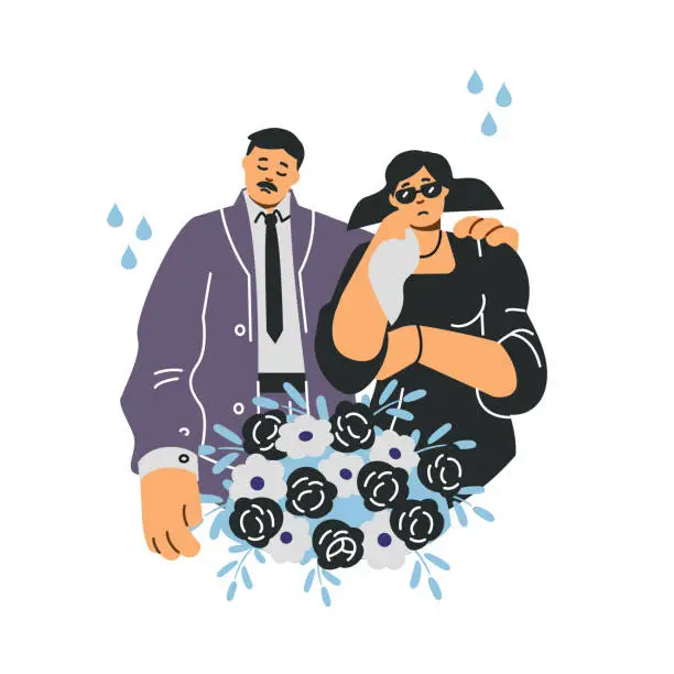 Vector illustration of Man and woman mourn the dead, people in sadness weeping and mourning, vector funeral ritual funerary ceremonial group