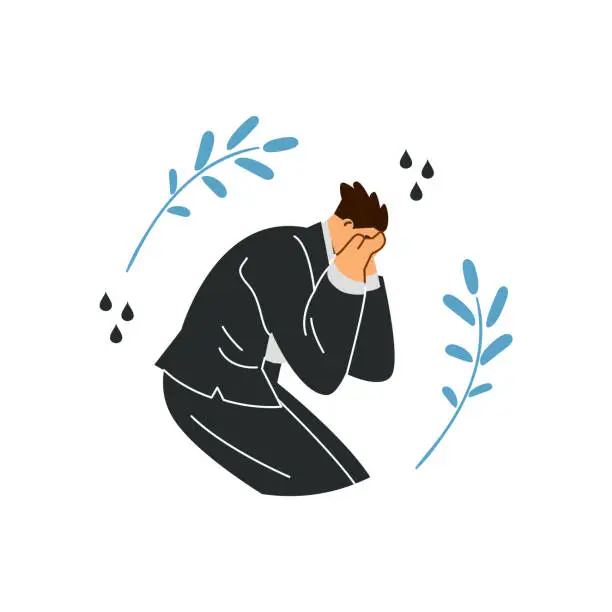 Vector illustration of Man in black clothes mourns the dead, person in sadness crying and mourning, vector funeral ritual ceremonial sorrow