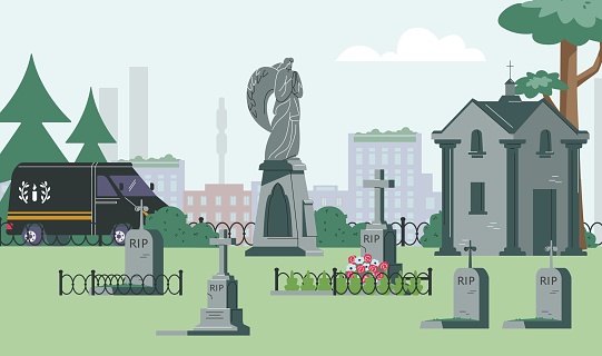 Cemetery landscape flat style, vector illustration. Graves with tombstones, crypt and statue with angel. Rest in peace abbreviation, funeral, black car with candle sign