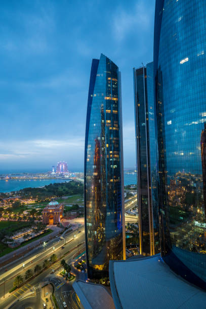 Marina island in Abu Dhabi top landmark skyline view with the city downtown in the United Arab Emirates capital city during the blue hour
