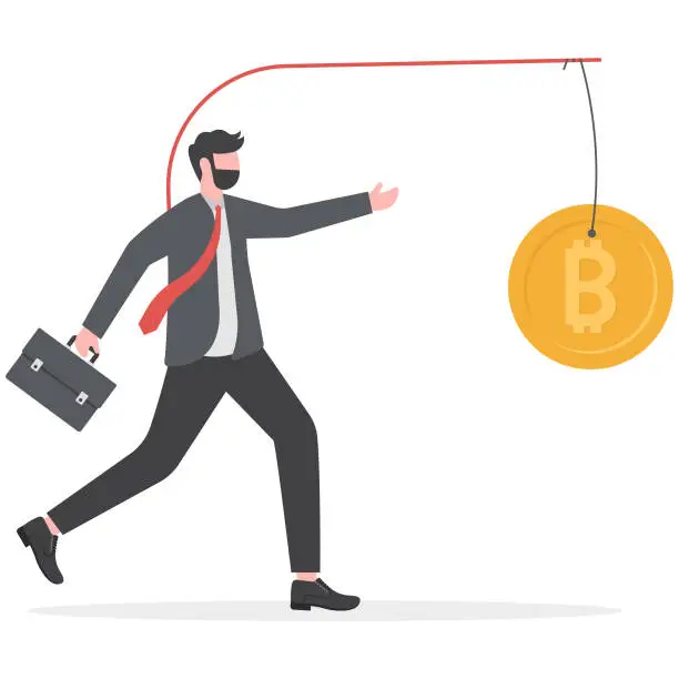 Vector illustration of businessman running after dangling bitcoin