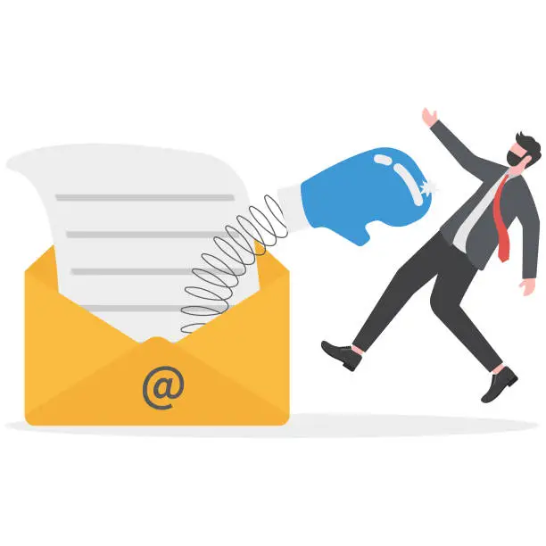 Vector illustration of Being fired from job, unexpected event, business failure or stock market bad news surprise investor concept, businessman open mail with boxing glove punching knock out.