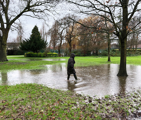 Walking through a puddle in the rain in a flooded park in Chingford, London. January 2021