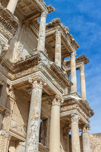 Library of Celsus in ancient Ephesus. Close up fragment of marble facade. Corinthian order. Vertical shot. October 25, 2023. Selcuk (Izmir), Turkey
