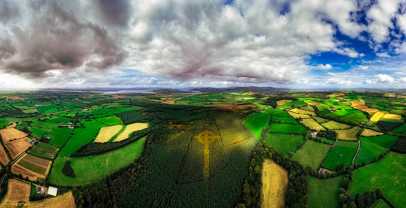 Emery Celtic Cross of trees in Ireland Aerial view. The Emery Celtic Cross is a gigantic 125 by 70-metre cross planted on the side of Bogay Hill just to the north of Killea. The cross is made of a different type of trees that have a different color, specially in autumn