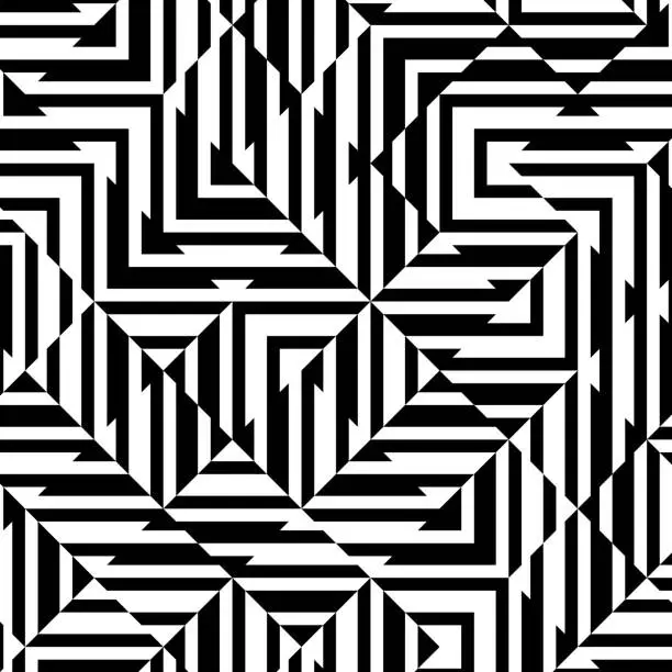 Vector illustration of Random black triangular striped squares pattern, on white background