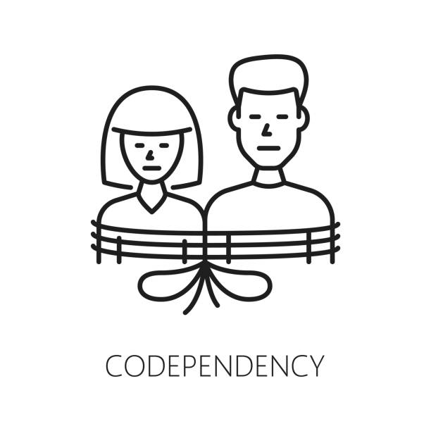 Codependency psychological problem line icon Codependency psychological disorder problem, mental health icon. Psychotherapy, cognitive disorder, mental health or human psychology problem line vector sign with man and woman tied together by rope ropes tied together stock illustrations