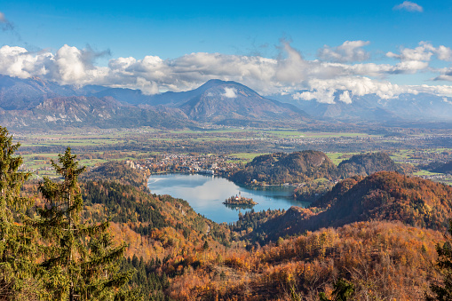 Beautiful view from above of Lake Bled, Slovenia.