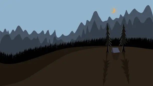 Vector illustration of Night camping. Fire in the forest. Hiking in the forest with an overnight stay. Banner